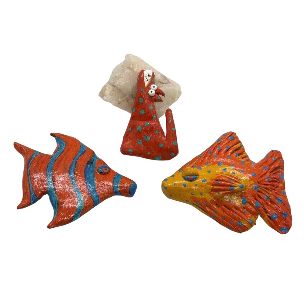 Vintage Pine‎ Lot of 3 Handcrafted Plaster Animal Pin Brooch Fish Wolf 90s Style